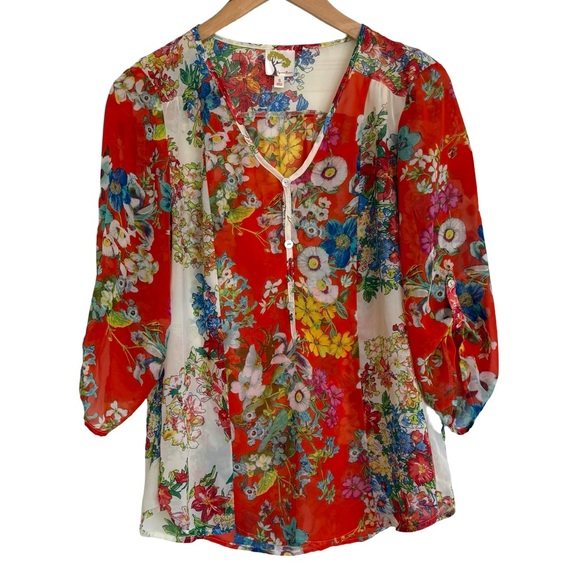 Anthropologie Tops - Anthropologie Fig and Flower Vibrant Floral Blouse Multicolor Red Pink White S